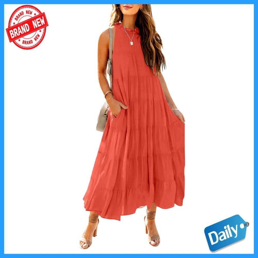 Sleeveless Halter Midi Maxi Dress Loose Fit Pleated Tiered Flowy Boho Beach